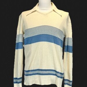 VINTAGE 70s disco pointed collar knit sweater blue stripe v-neck men’s large 60s